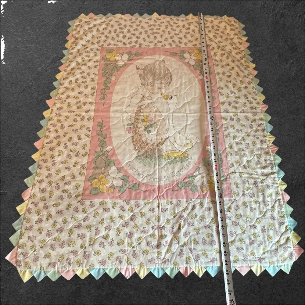 Vintage Precious Moments Quilt Blanket Baby Girl Pink‎ Floral Goose 46x35